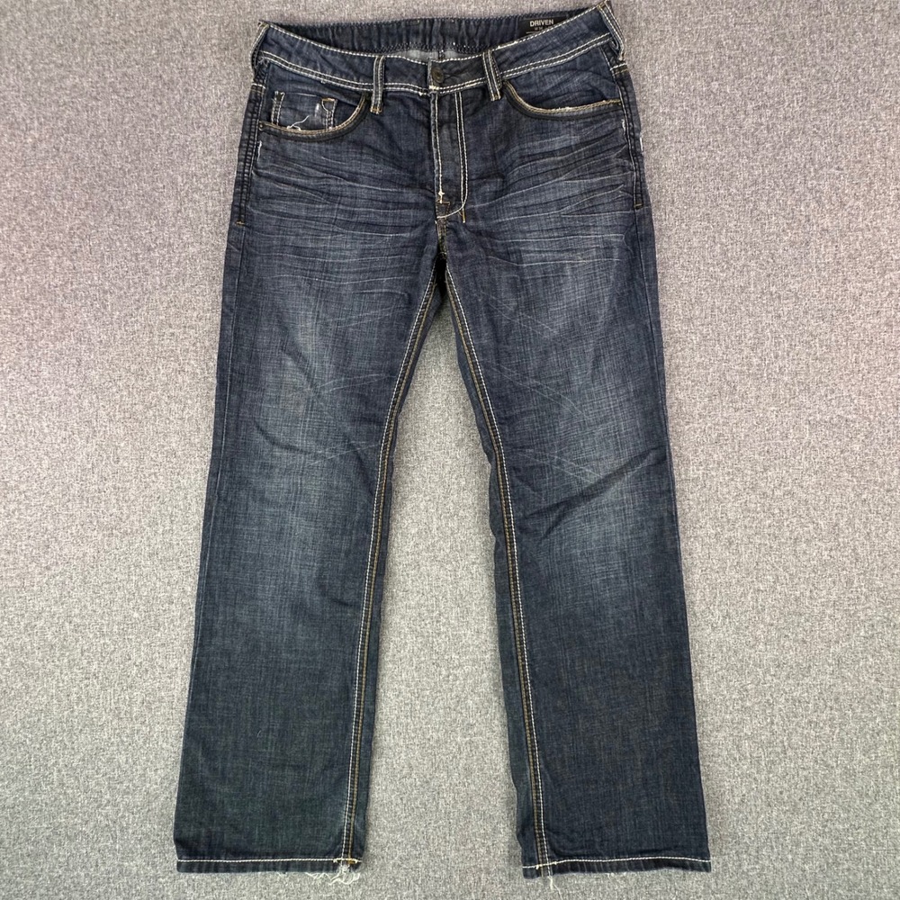 Buffalo Jeans Mens 34 Driven Dark Wash Straight Contrast Stitch Distressed